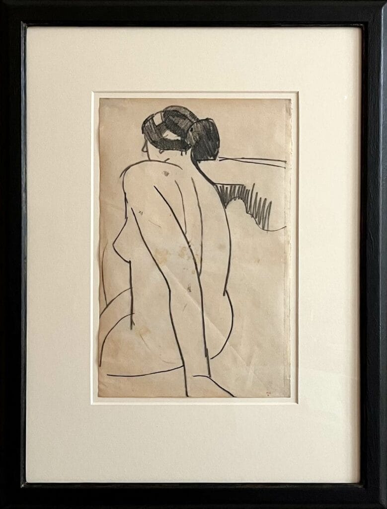 Dessin de Modigliani femme nue vue de dos au fusain sur papier
