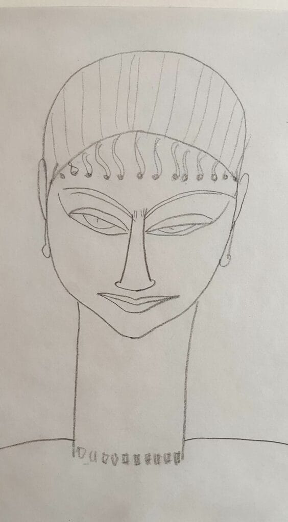 Dessin d'Amedeo Modigliani : tête de face avec collier et boucles d'oreilles représentant une caryatide