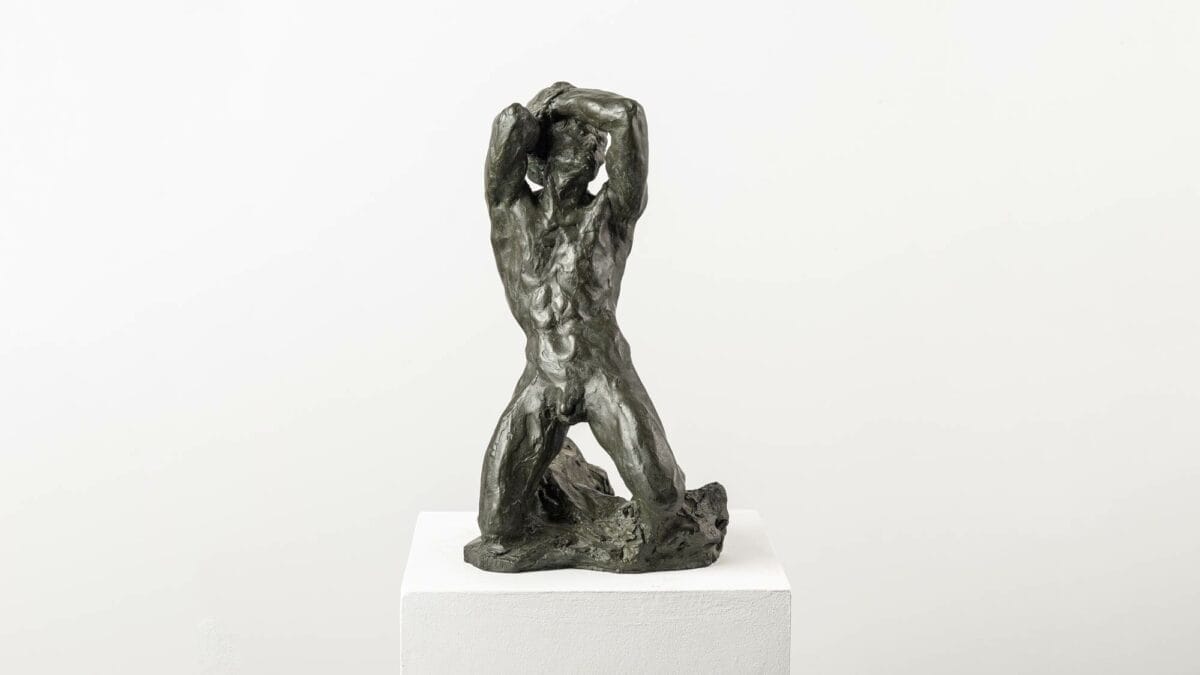 Bronze sculpture by Guy Le Perse depicting a naked and kneeling man in supplication