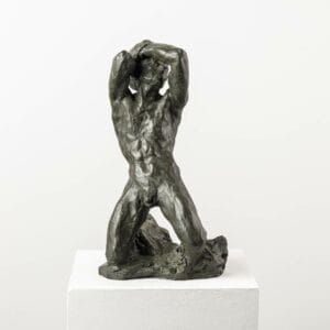 Bronze sculpture by Guy Le Perse depicting a naked and kneeling man in supplication