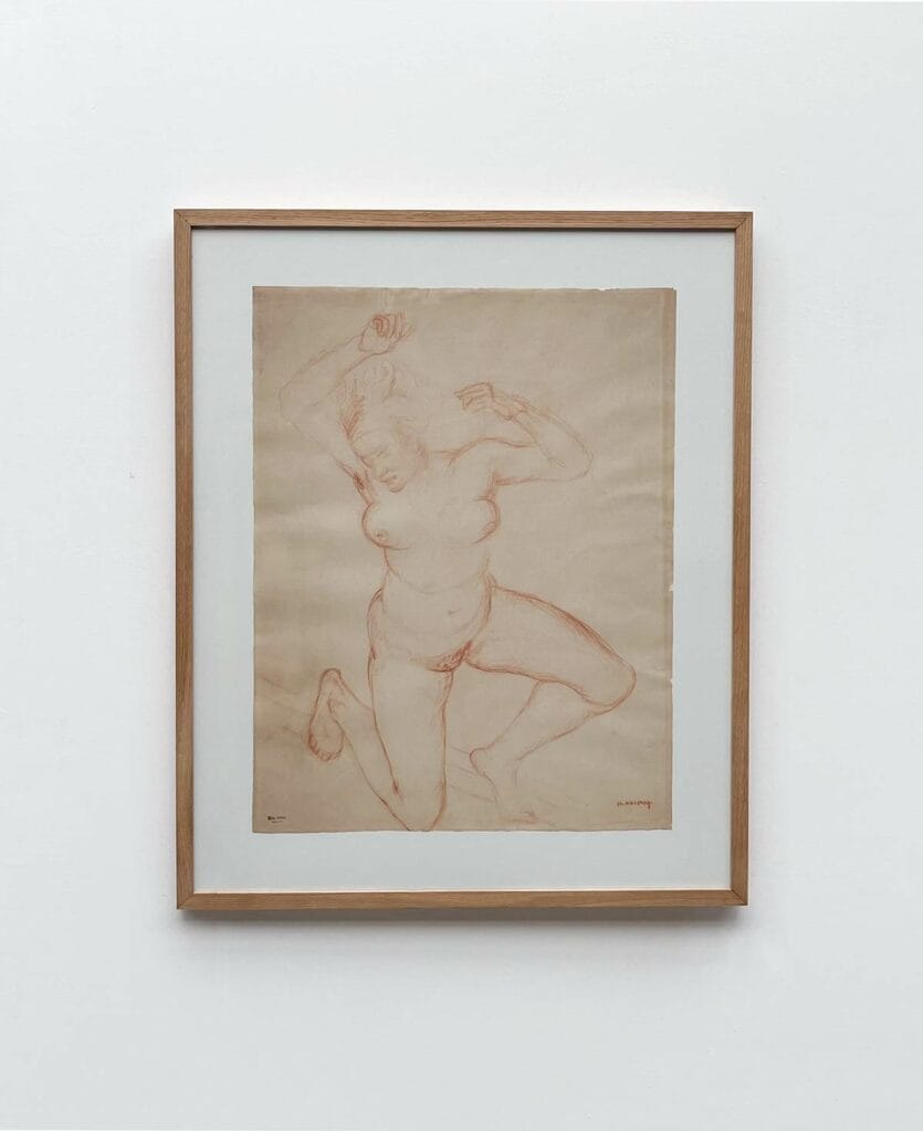 Grand dessin au fusain d'une femme nue en tant que danseuse, réalisé par le sculpteur français du XXe siècle, Charles Malfray.