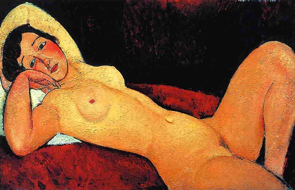 Peinture d'Amedeo Modigliani la rêveuse : nu féminin allongé sur un sofa rouge