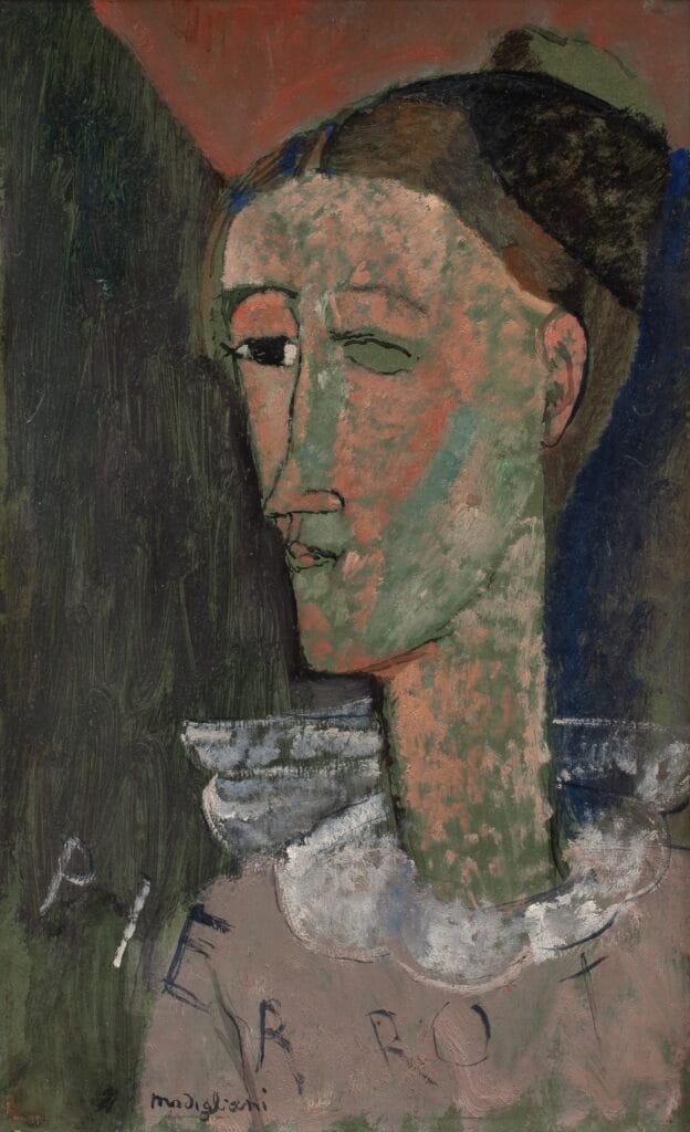 Peinture en huile sur carton représentant un autoportrait d' Amadeo Modigliani en Pierrot vers 1915 .Conservée au Statens Museum for Kunst à Copenhague