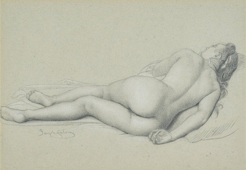 Femme nue allongée - Joseph Félon - Dessin préparatoire à la pierre noire vue de dos