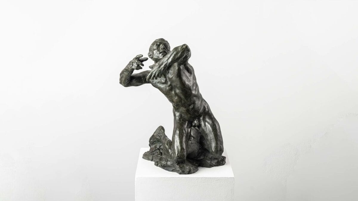 Orpheus shown as a nude, kneeling and prostrate figure in patinated bronze. A work by French artist Guy Le Perse.