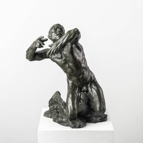 Patinated bronze statue of Orpheus shown as a nude man kneeling and bowing. A work by the French sculptor Guy Le Perse.