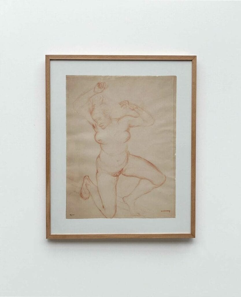 A large charcoal drawing of a nude woman portraying a dancer. This exquisite drawing was created by Charles Malfray, a 20th-century French sculptor.