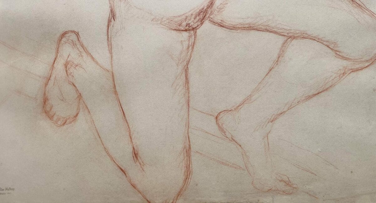 A magnificent charcoal sketch of a nude woman in a dancer's pose. This exceptional drawing was made by Charles Malfray, an esteemed French sculptor of the 20th century.