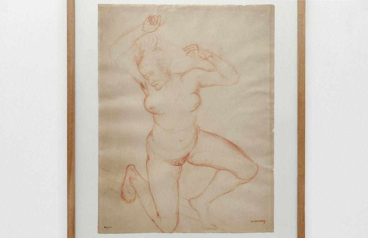 A large-scale charcoal drawing depicting a nude woman as a dancer. This elegant piece was crafted by Charles Malfray, a celebrated French sculptor from the 20th century.