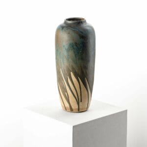 Large vase in stoneware with polychrome enamel drips on a beige background - French Ceramic