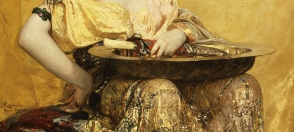 Regnault depicted the biblical temptress Salome. The tray and knife allude to her reward: the severed head of John the Baptist.